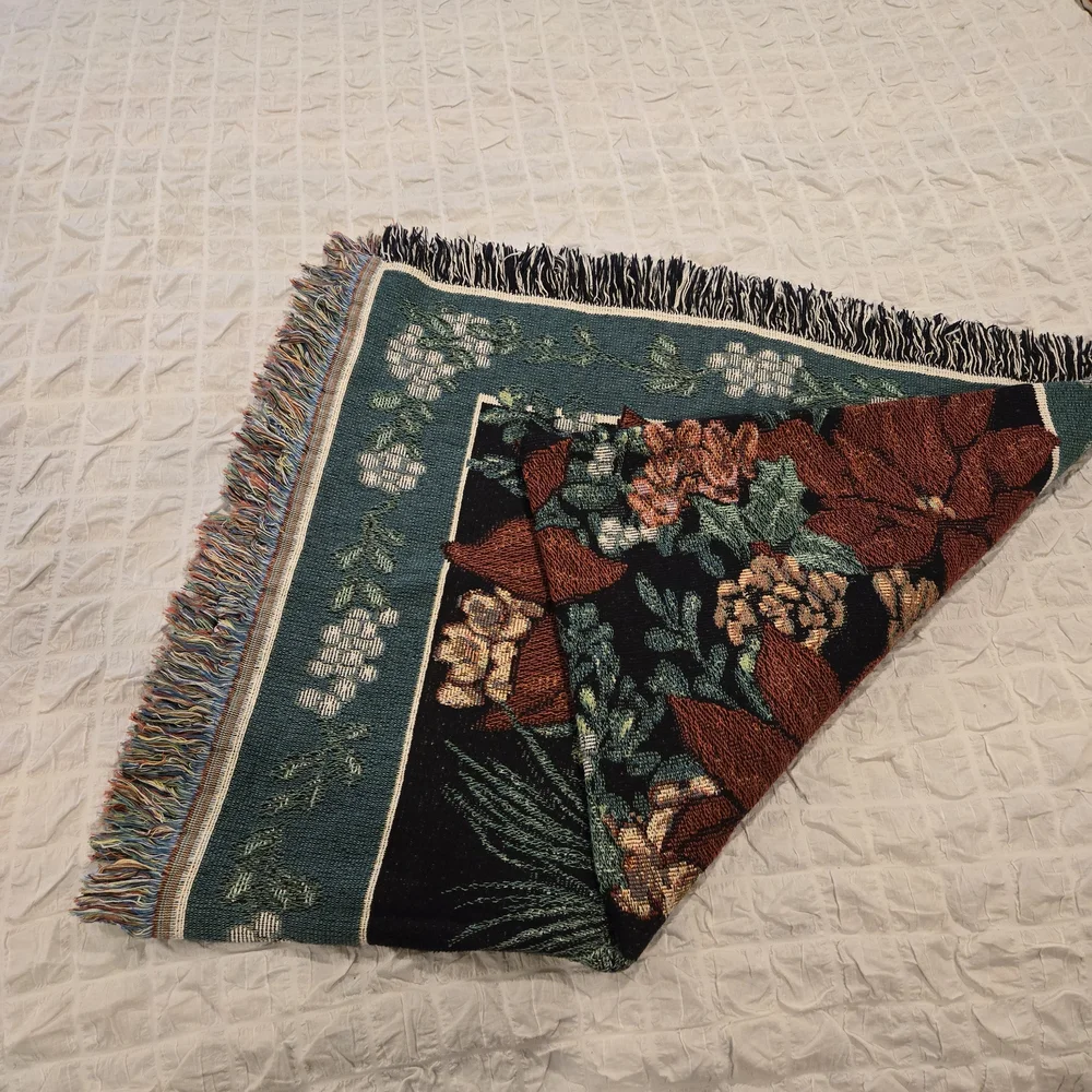 Festive Vintage Holiday Throw Blanket – Poinsettia & Pine – 60